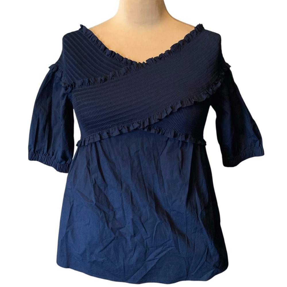 White House Black Market Dark Blue‎ Ruffled Blouse with Elastic Smocking